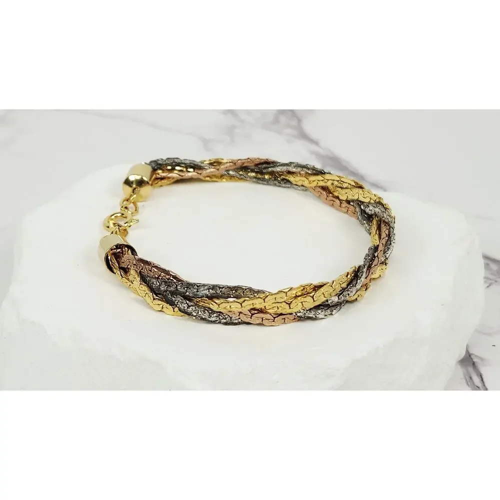 Vintage Tri-Color Braided Herringbone Chain Bracelet Gold Silver Rose 7.5